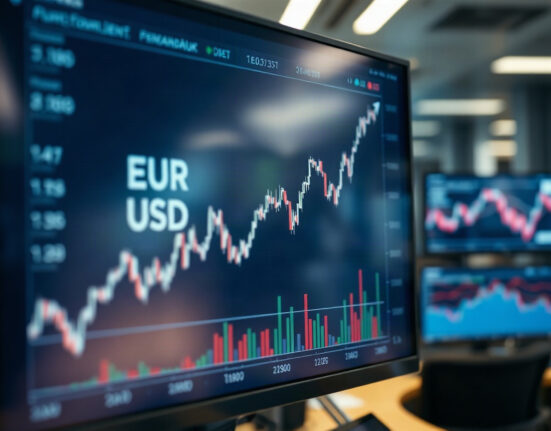 EUR/USD chart showing upward trend on a trading screen