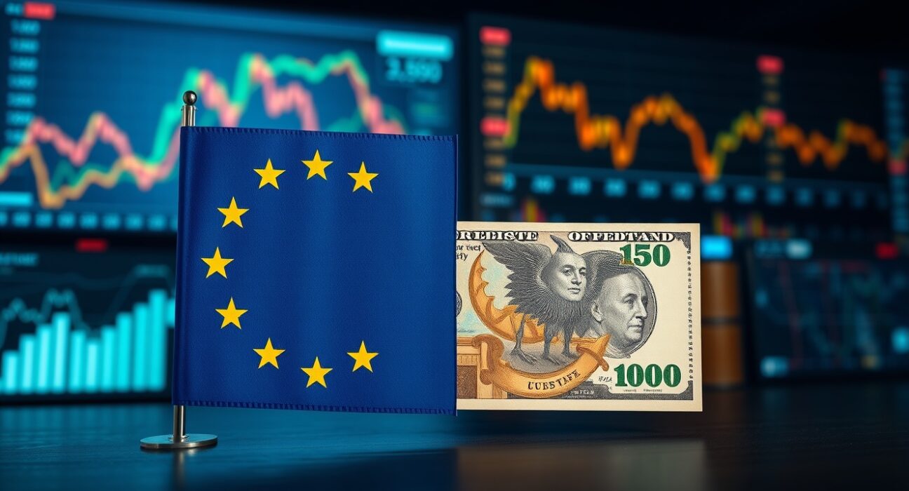 EU flag and US Dollar banknote on financial background with energy charts