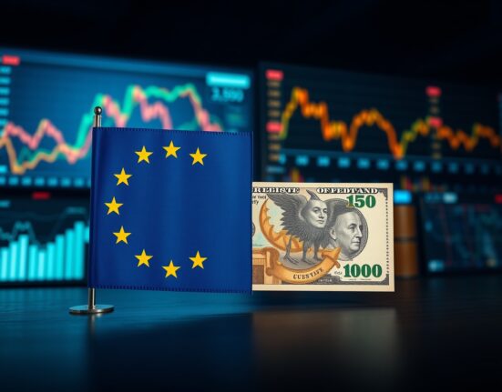 EU flag and US Dollar banknote on financial background with energy charts