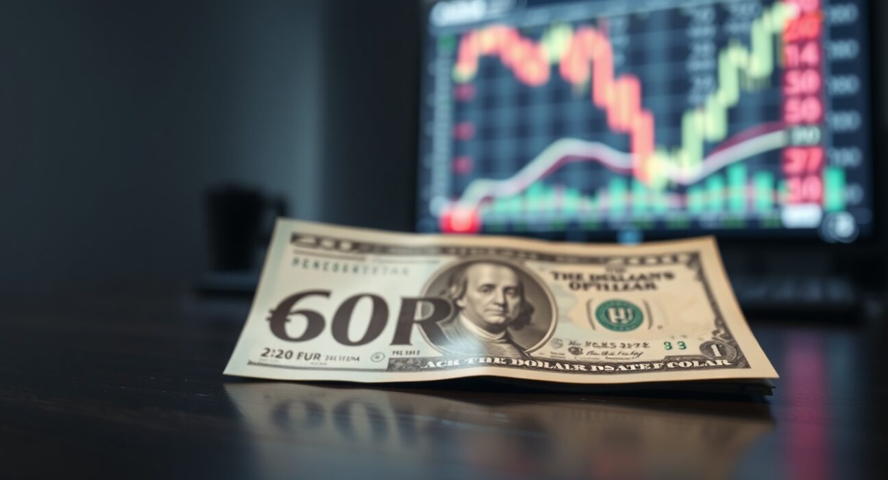 Close-up of a Euro banknote partially overlapping a US Dollar bill on a desk, representing currency market dynamics.