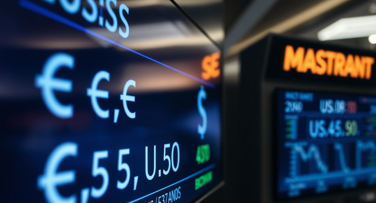 EUR/USD exchange rate chart displayed on a screen in a trading floor, with the Euro and US Dollar symbols visible.