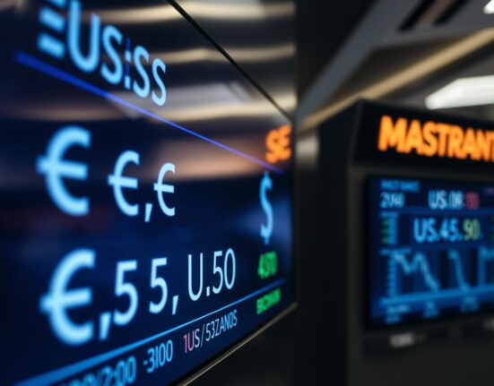 EUR/USD exchange rate chart displayed on a screen in a trading floor, with the Euro and US Dollar symbols visible.