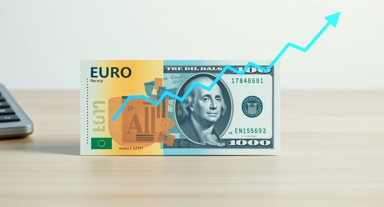 Euro banknote and US dollar bill with upward chart overlay representing EUR/USD recovery analysis.