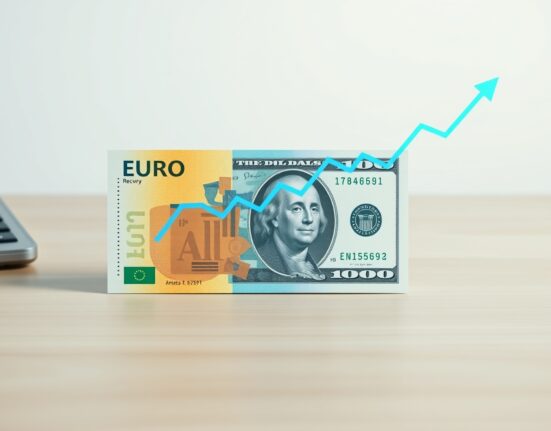 Euro banknote and US dollar bill with upward chart overlay representing EUR/USD recovery analysis.