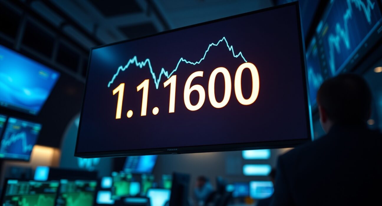 EUR/USD exchange rate at 1.1600 on a trading floor screen with bearish trend indicators.