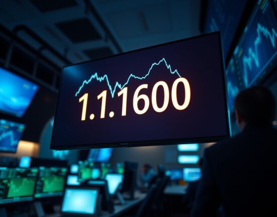 EUR/USD exchange rate at 1.1600 on a trading floor screen with bearish trend indicators.