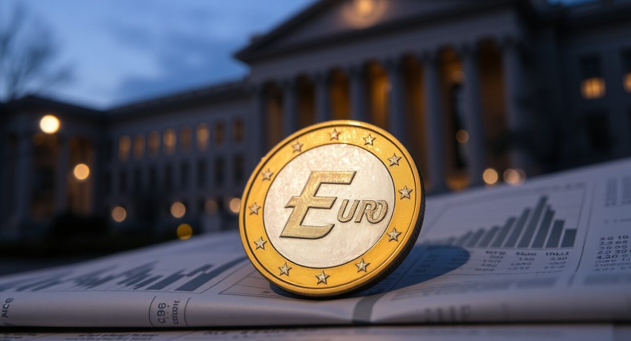 Euro coin on financial newspaper with ECB headquarters in background