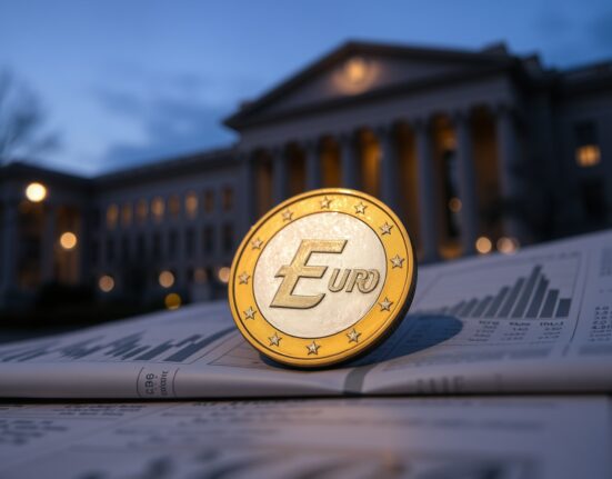 Euro coin on financial newspaper with ECB headquarters in background