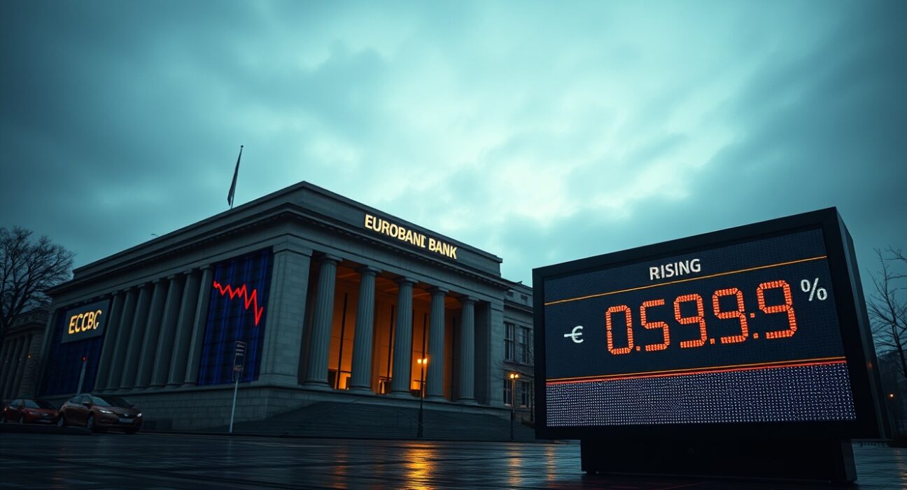 Euro currency chart declining against a backdrop of the European Central Bank building at dusk, with oil prices rising in the background.
