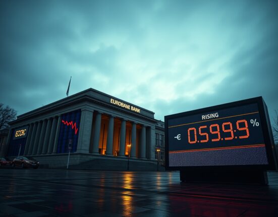 Euro currency chart declining against a backdrop of the European Central Bank building at dusk, with oil prices rising in the background.
