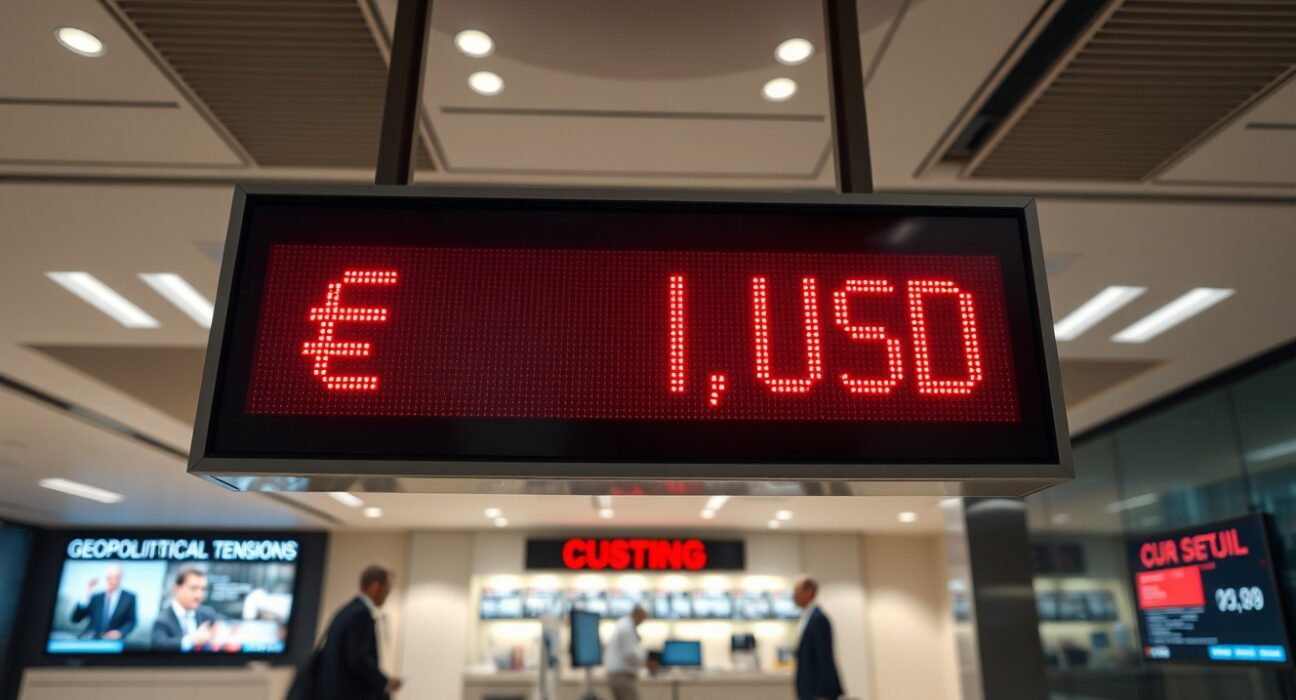 EUR/USD exchange rate board in a European bank showing a decline amid geopolitical tensions.