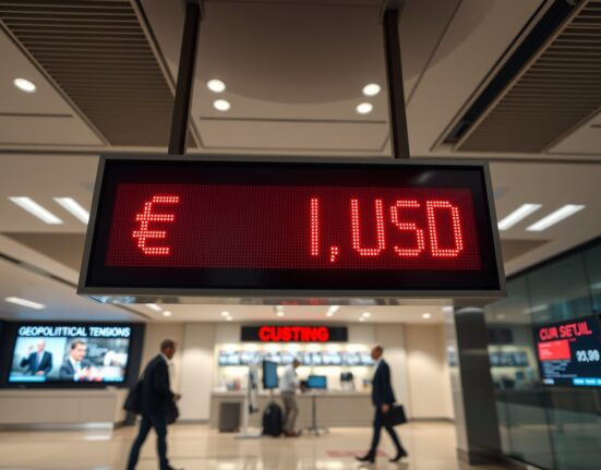 EUR/USD exchange rate board in a European bank showing a decline amid geopolitical tensions.