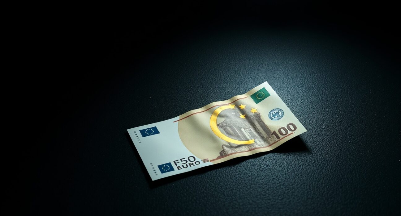 Euro retreats as US-Iran tensions grow, a single Euro banknote in a dark, tense setting symbolizing currency market volatility.