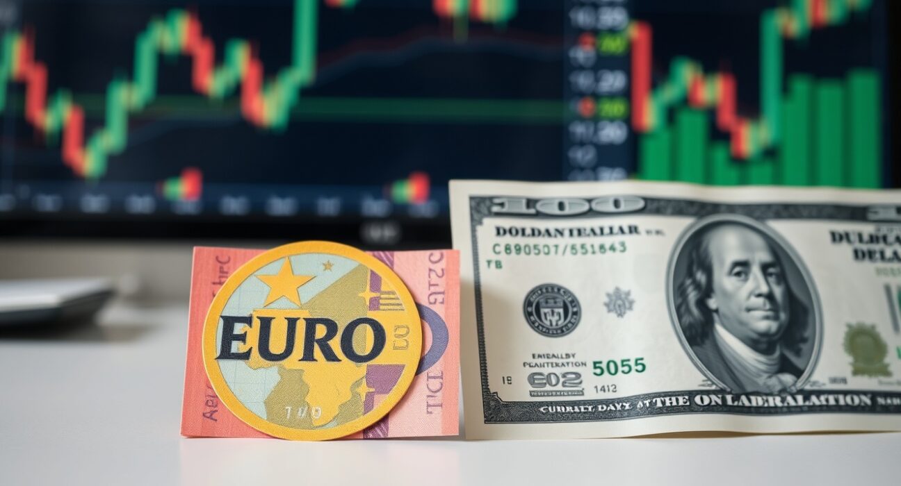 Euro and US dollar banknotes on a desk with financial charts in background