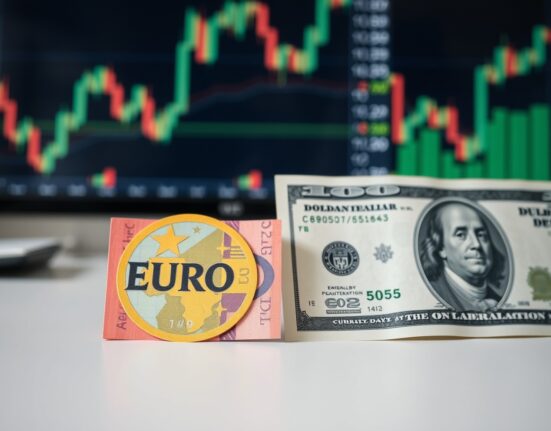 Euro and US dollar banknotes on a desk with financial charts in background