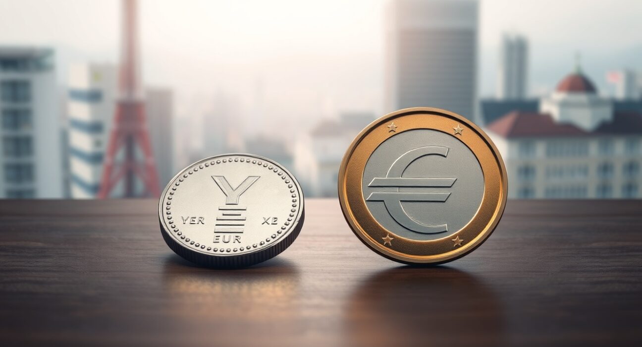 Euro and Japanese yen coins on a wooden surface with a blurred cityscape background.
