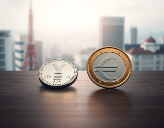 Euro and Japanese yen coins on a wooden surface with a blurred cityscape background.