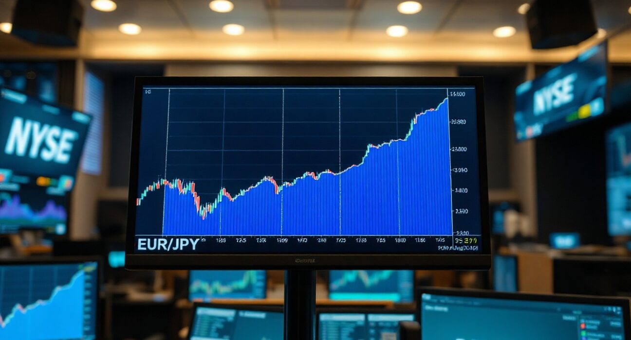 Euro to Japanese Yen exchange rate chart showing an upward trend on a trading screen