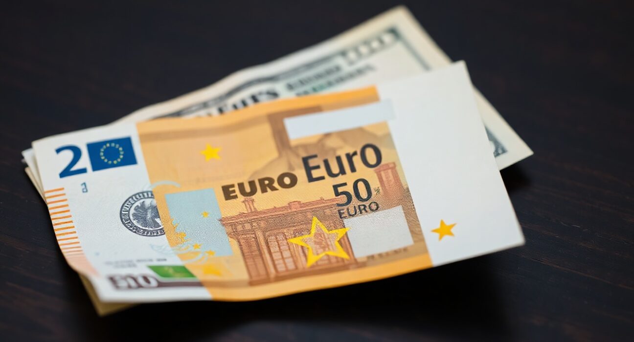 Close-up of a Euro banknote partially overlapping a US dollar bill on a dark desk, representing currency exchange rates.