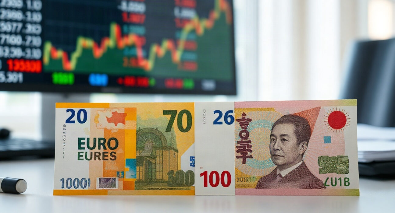 Euro and Japanese Yen banknotes on a desk, symbolizing the EUR/JPY currency pair movement.