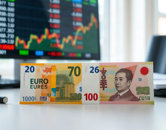 Euro and Japanese Yen banknotes on a desk, symbolizing the EUR/JPY currency pair movement.