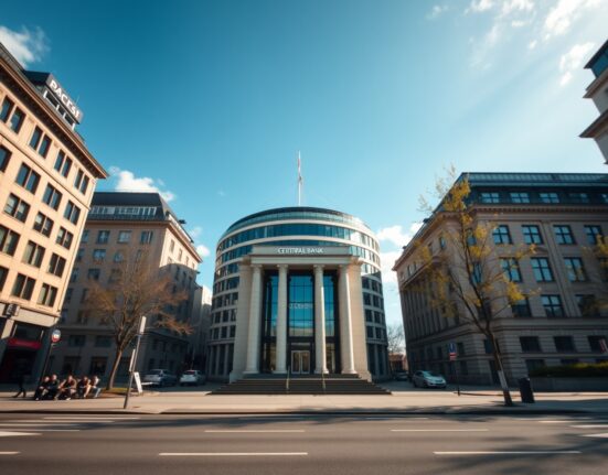 European Central Bank headquarters in Frankfurt on a sunny day, symbolizing positive Eurozone economic data