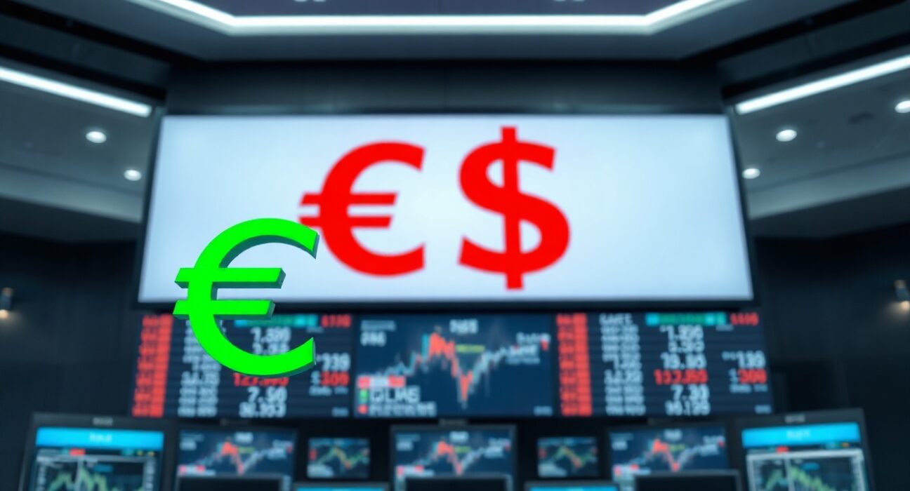 Euro and US Dollar symbols on a trading board reflecting currency market shifts
