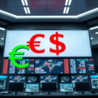 Euro and US Dollar symbols on a trading board reflecting currency market shifts