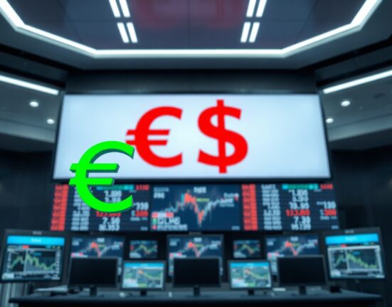 Euro and US Dollar symbols on a trading board reflecting currency market shifts