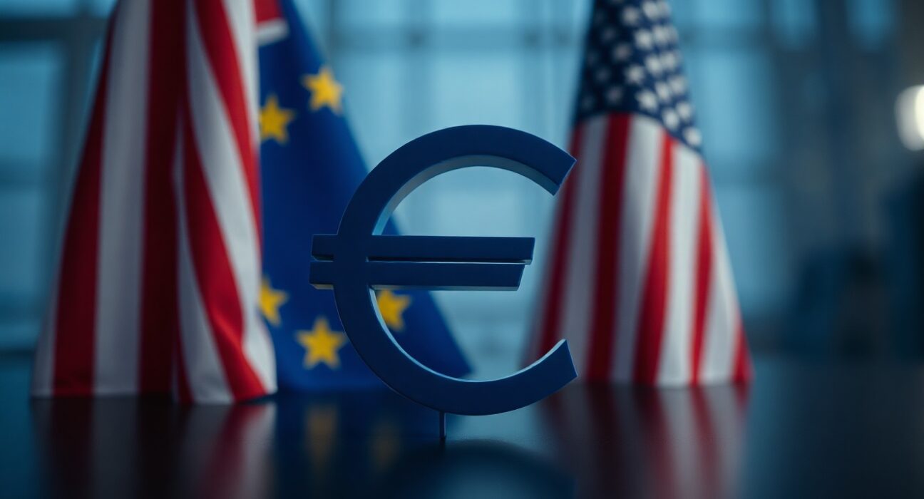 Euro symbol in focus with EU and US flags blurred in background representing forex market reaction to US-Iran deal