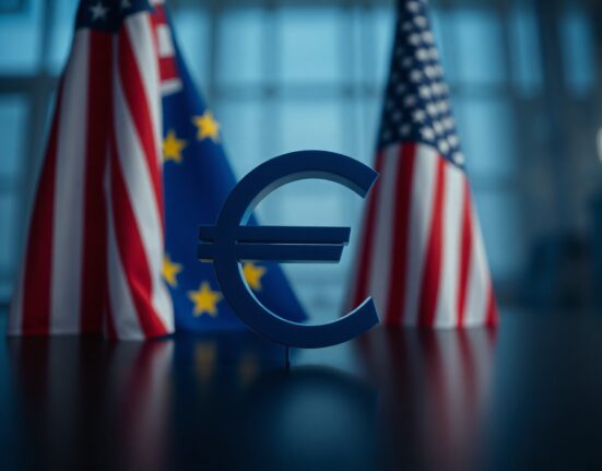 Euro symbol in focus with EU and US flags blurred in background representing forex market reaction to US-Iran deal