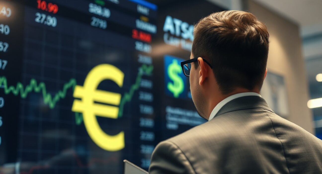 Euro and US dollar symbols on a digital currency board in a financial trading floor