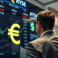 Euro and US dollar symbols on a digital currency board in a financial trading floor