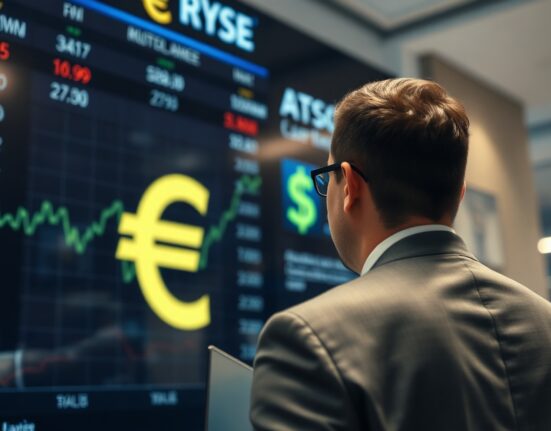 Euro and US dollar symbols on a digital currency board in a financial trading floor