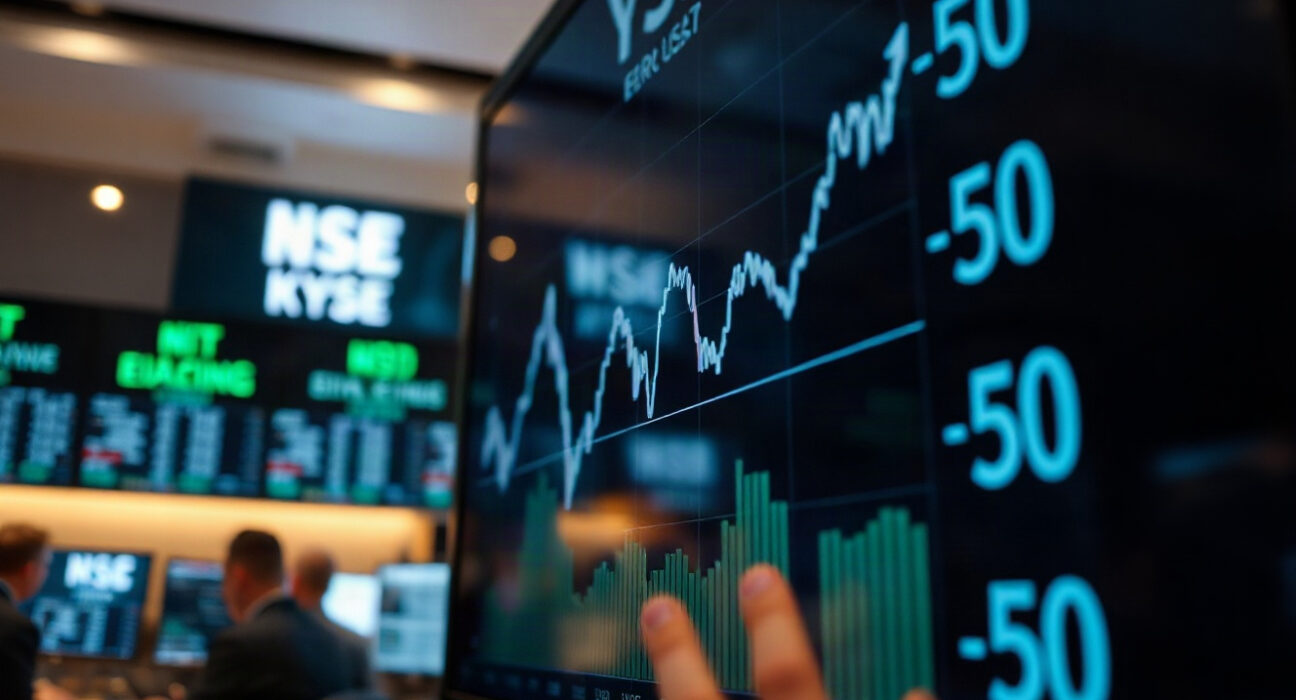 EUR/USD exchange rate chart showing an upward trend on a trading floor screen