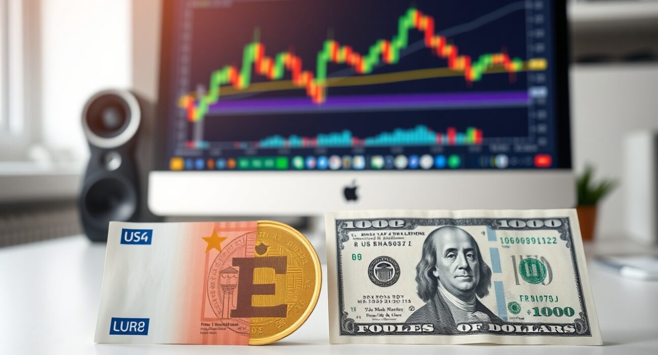 Euro and US dollar banknotes with a forex chart in the background, representing EUR/USD movement.