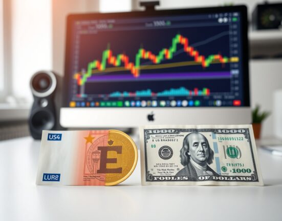 Euro and US dollar banknotes with a forex chart in the background, representing EUR/USD movement.
