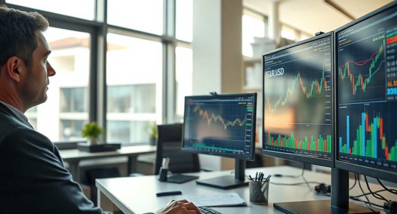 Financial analyst monitoring EUR/USD charts and market data on multiple screens in a modern office