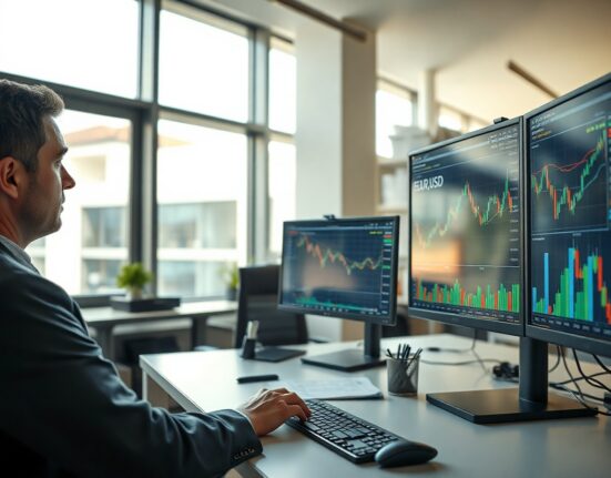 Financial analyst monitoring EUR/USD charts and market data on multiple screens in a modern office