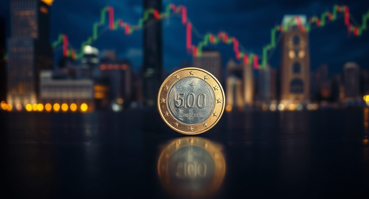 Euro coin on wooden surface with blurred financial charts in background