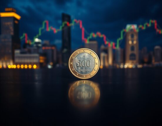 Euro coin on wooden surface with blurred financial charts in background
