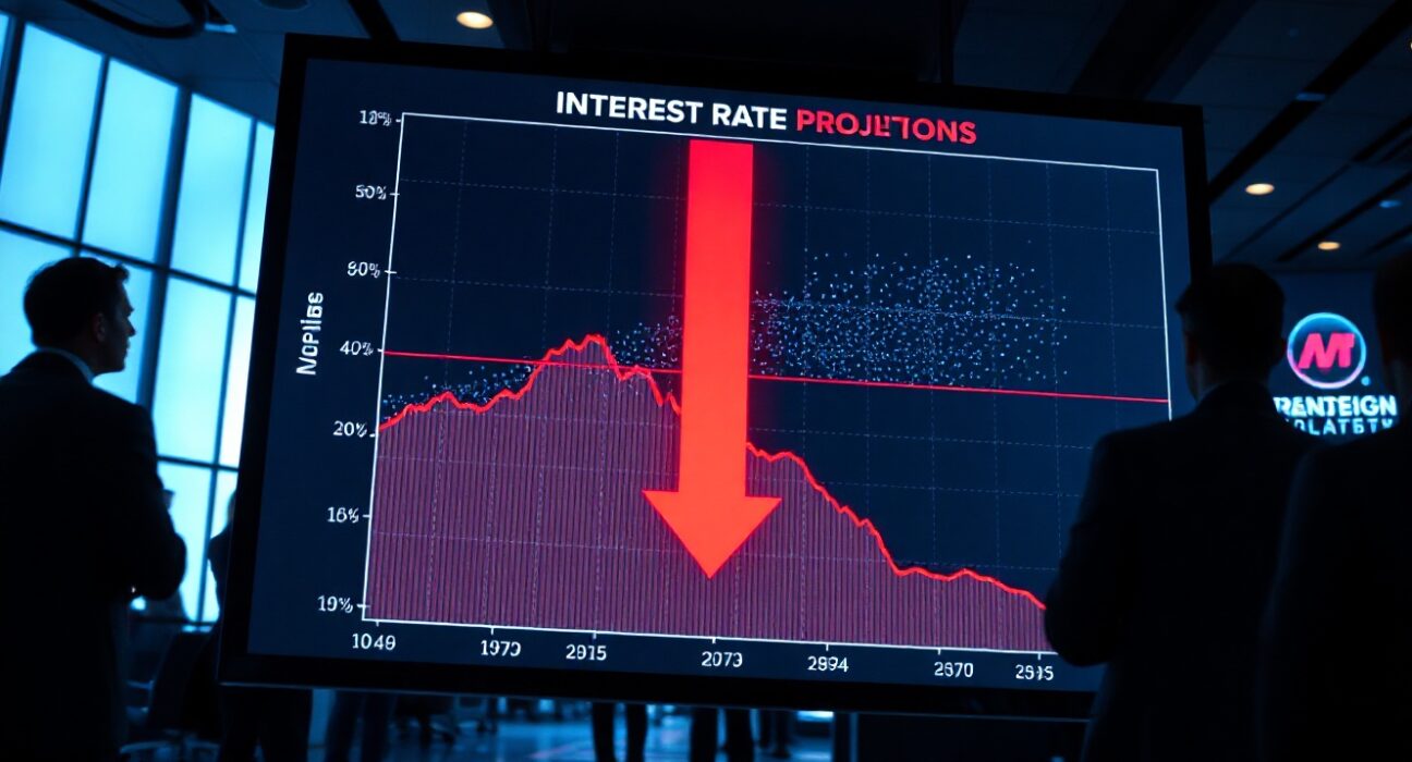Digital screen showing a dot plot chart with a downward arrow, symbolizing a hawkish Fed pivot