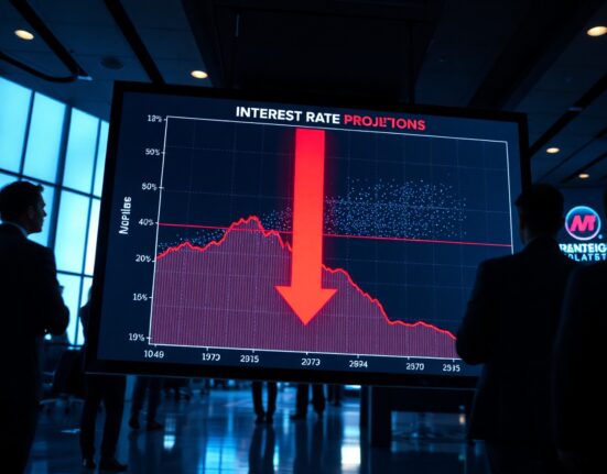 Digital screen showing a dot plot chart with a downward arrow, symbolizing a hawkish Fed pivot