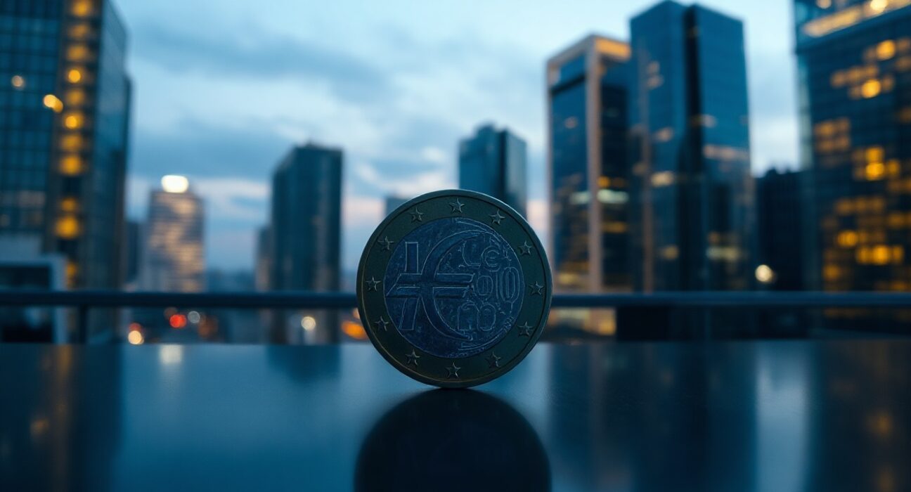 Euro coin standing upright on reflective surface with financial district skyline in background