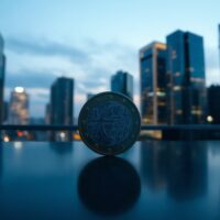 Euro coin standing upright on reflective surface with financial district skyline in background
