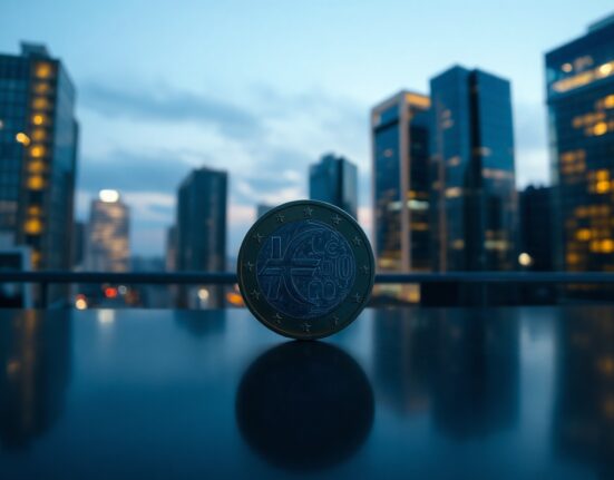 Euro coin standing upright on reflective surface with financial district skyline in background