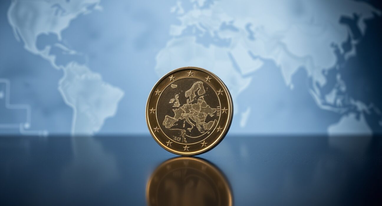 Euro coin standing upright on a reflective surface with a blurred world map background.