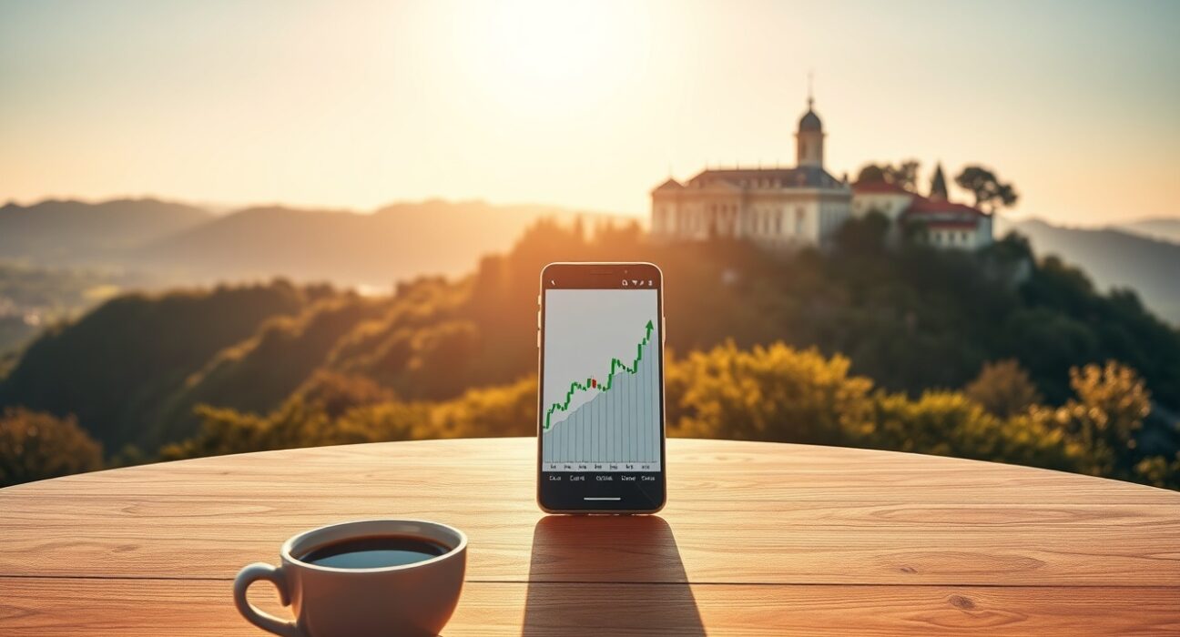 A smartphone showing a EUR/USD chart with an upward trend, placed on a table in Sintra, Portugal, with the Sintra palace in the background.