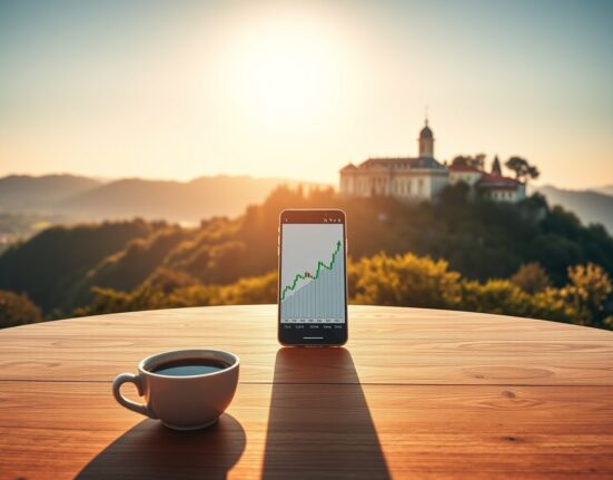 A smartphone showing a EUR/USD chart with an upward trend, placed on a table in Sintra, Portugal, with the Sintra palace in the background.