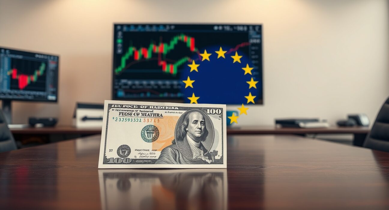 Euro currency and US dollar banknote on a trading desk with charts in background